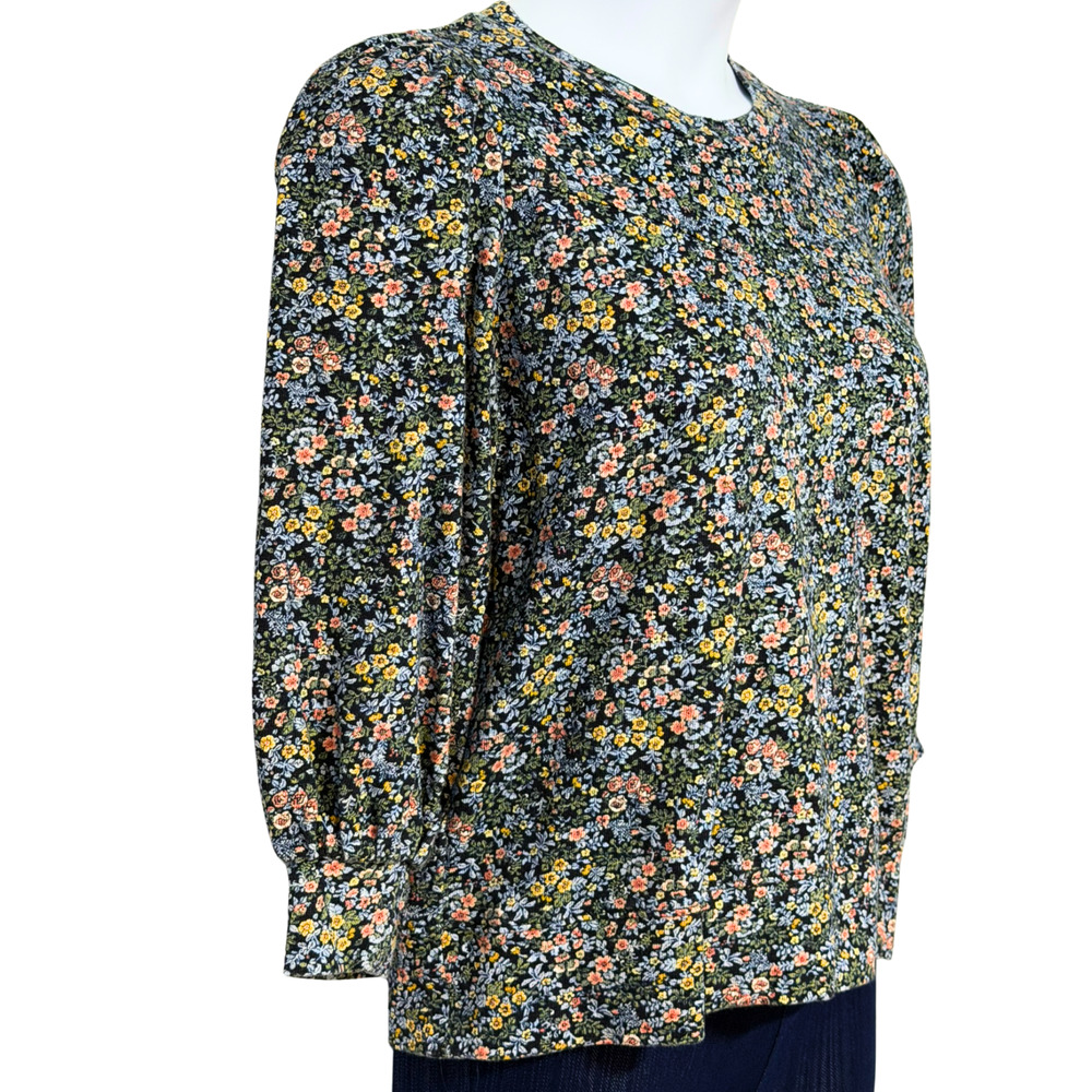 LOFT Sz M Cottage Floral Puff Sleeve Pullover Top Blue Knit Sweatshirt Romantic - Picture 2 of 11